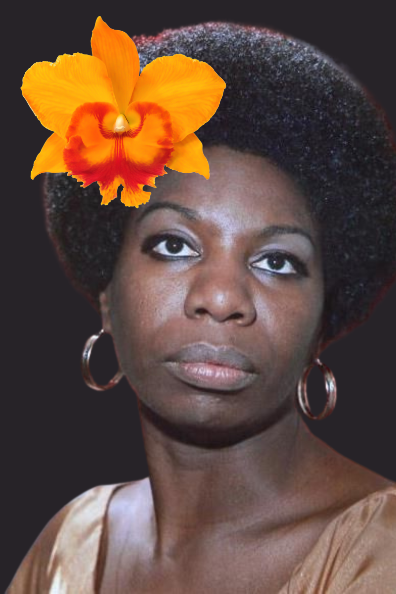 nina simone with an orange flower in her hair against a black background